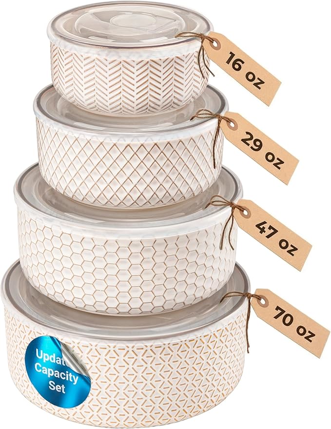 KooK Serving Bowls, with Lids, Ceramic Nesting Bowls, Set of 4, Embossed, Kitchen, Prep, Stackable, Gift, Microwave and Dishwasher Safe, 16/29/47/70 oz, Narbonne Collection (Ivory)