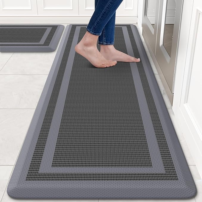 KitchenClouds [2 PCS Kitchen Rugs Cushioned Anti-Fatigue Kitchen Mats for Floor Waterproof Kitchen Rug Set Non-Slip Comfort Standing Mat for Office, Sink, Laundry 17.3"×28"+17.3"×60", Grey
