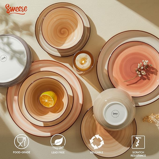 Sweese Plates and Bowls Sets, 18 Piece Dinnerware Set Porcelain Round Dinner Set for 6, Scratch Resistant Dishes Set, Dishwasher and Oven Microwave Safe Handpainted Swirl Dishware Sets, Neutral