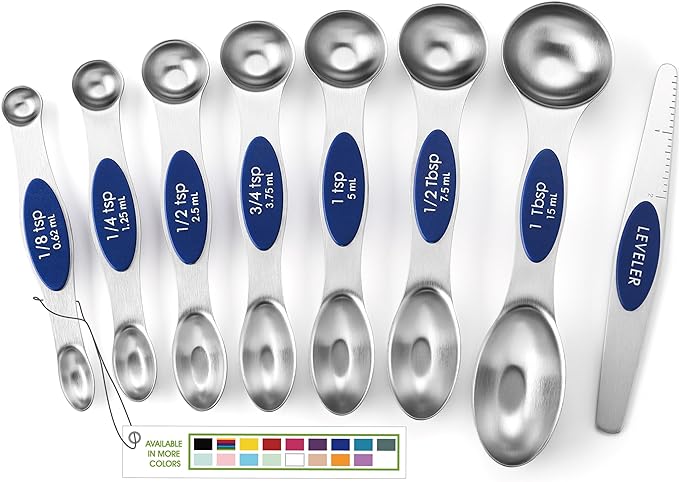 Spring Chef Stainless Steel Magnetic Measuring Spoons Set of 8 with Leveler, Heavy Duty Teaspoon & Tablespoon Measuring Spoons With Strong N45 Magnets, Kitchen Gadgets for Baking & Cooking - Sapphire
