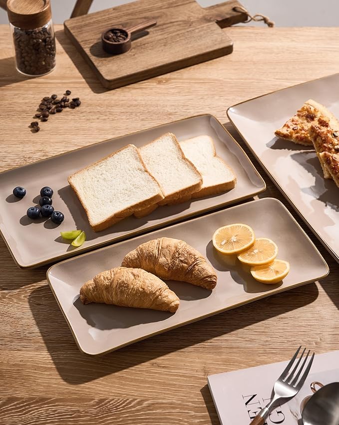 famiware Serving Platter, Rectangular 15.67/14.1/12.6 inch Serving Dishes for Entertaining, Microwave Dishwasher Safe, Stonware Serving Trays for Party, Turkey, Cheese, Ocean Series, Cinnamon Brown