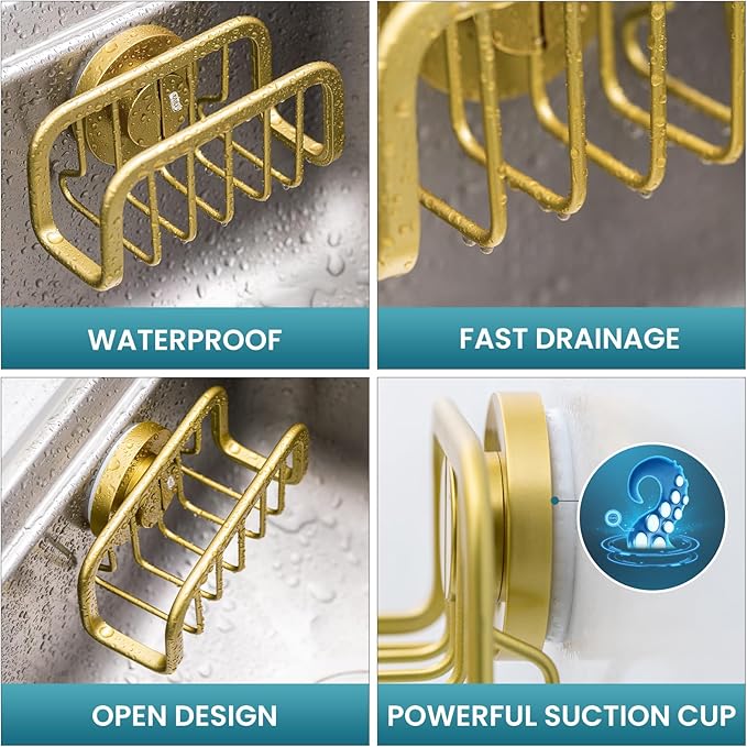 TAILI Sponge Holder for Kitchen Sink with Strong Suction Cup, Rustproof Aluminum Sink Caddy for Sponges, Removable Sponge Holder, Dish Brush for Scraper - Gold
