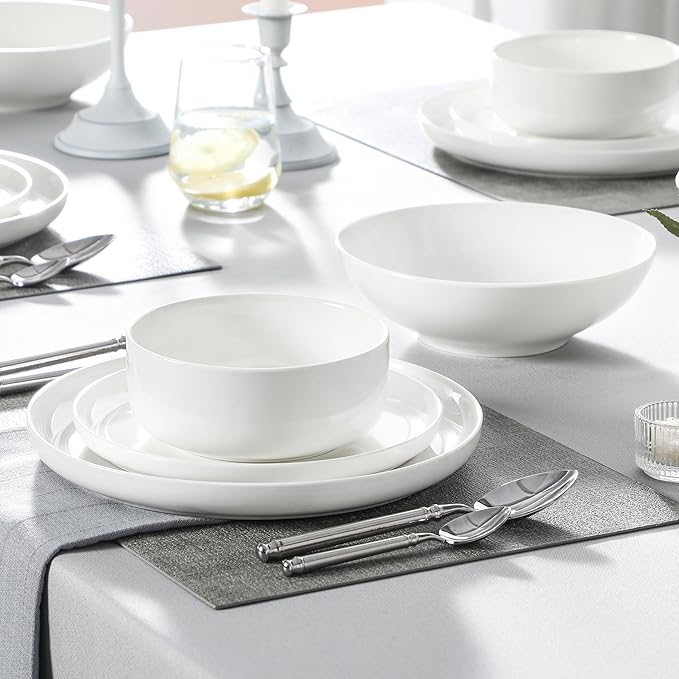 MALACASA Plates and Bowls Sets, 24 Pieces Modern Porcelain Dinnerware Set for 6 Ceramic Dishware Dishes White Kitchen Dinner Dining Ware Set Microwave and Dishwasher Safe, Series LUNA