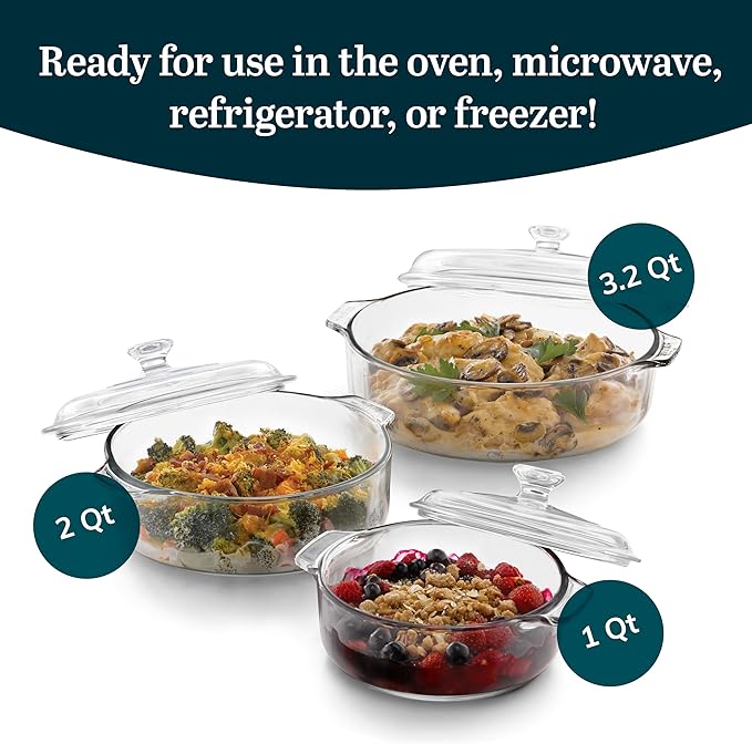 Libbey Baker's Basics 3-Piece Glass Casserole Dishes with Glass Covers, Stackable Casserole Dishes for Oven, Microwave, Refrigerator, Versatile Baking Dish Set