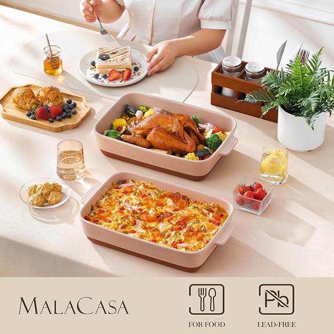 MALACASA 4.8 Qt Ceramic Oven Dish with Handles, 9 x 13 Inch Baking Dish Casserole Dishes, Deep Rectangular Lasagne Dishes Bakeware for Roasting (Khaki & Pink), Series TARA