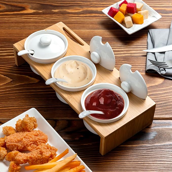 MyGift 10 Pcs Sauce Serving Dish, Hosting Party Essentials Host Gift, 3 Ceramic Ramekin Chip Dip Bowls with Lids & Spoons, Premium Bamboo Server Tray, Condiment Pot Entertaining