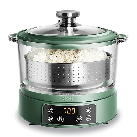 COOK WITH COLOR 3L Glass Mini Low Carb Rice Cooker – Holds 2 Cups Raw/Makes 6 Cups Cooked with Auto Lift Filter Basket, Hotpot & Steamer for Rice, Grains, Digital Panel with Keep Warm, Dark Sage