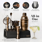 BARE BARREL® Mixology Bartender Kit Bar Set | 14-Piece Cocktail Shaker Set | Martini Barware Mixing Tools for Home Bartending | Incl. 35 Recipe Cards | Gift Set (24oz Cobbler Shaker, Brass/Black)
