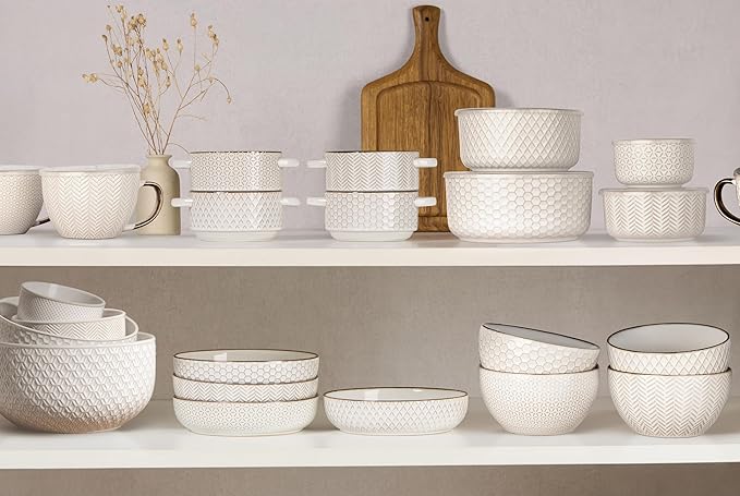 KooK Ceramic Mixing Bowls, Nesting Set of 4, Embossed Kitchen Dishware, Prep, Serving, Gift, Microwave and Dishwasher Safe, 20/44/98/145 oz, Narbonne Collection (Ivory)