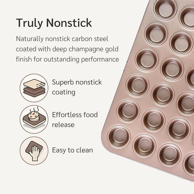 HAPPIELS Non Toxic Nonstick 24 Cup Mini Muffin Pan | PFOA BPA free Nontoxic Mini Cupcake Tin | Best Non Stick Muffin Pans | Carbon Steel Small Muffin tins | Cupcakes Bakeware Mold