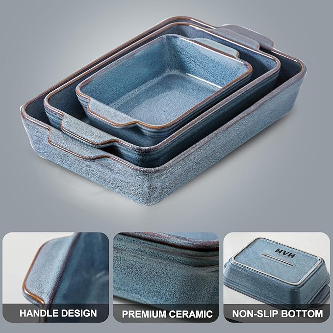 HVH 9x13 Baking Dish Set, Large Casserole Dishes for Oven, Ceramic Bakeware Set of 3, Rectangular Lasagne Pan Deep for Baking (Wabi sabi)