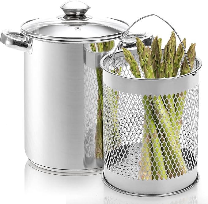AVLA Asparagus Pot, 4 Quart Stainless Steel Steamer Cooker, Vegetable Asparagus Cooker with Removable Basket and Lid for Pasta, Spaghetti, Boiled Eggs, Shrimp, Oil Deep Fry Pan for French Fries