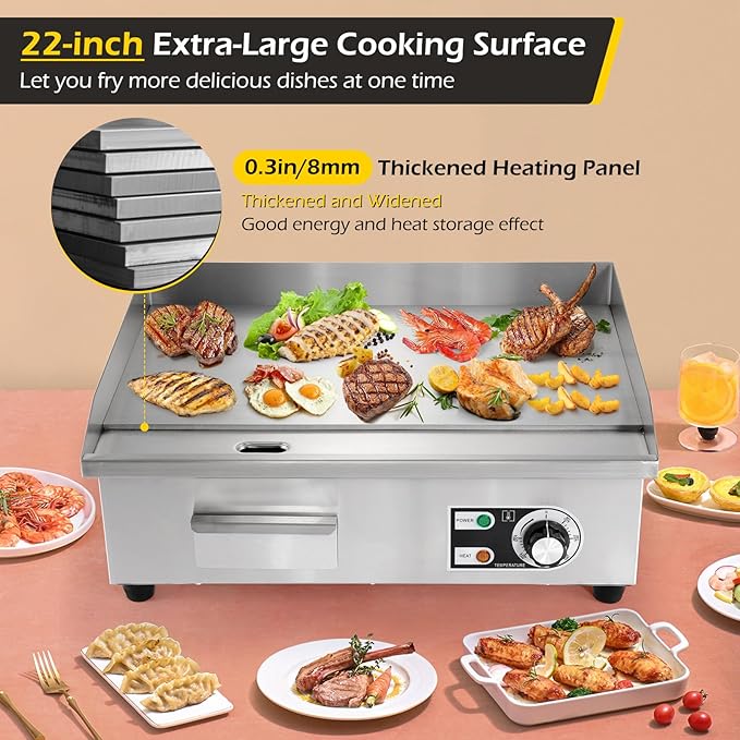 Dyna-Living Commercial Electric Griddle 22'' Flat Top Grill Countertop 3000W Stainless Steel Electric Griddle Nonstick Commercial Flat Top Griddle Countertop Grills, 122°F-572°F Temp Adjustable