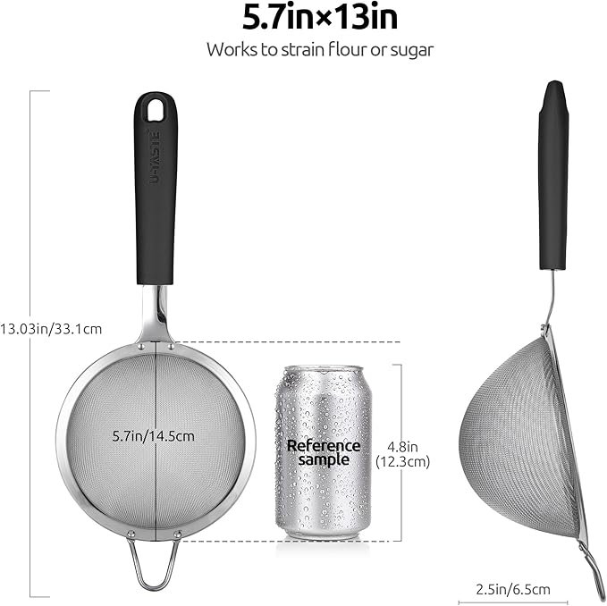 18/8 Stainless Steel Mesh Strainer: U-Taste 5.5 Inch Kitchen Fine Mesh Sieve Food Colander with Riveted Sturdy Silicone Handle and 30 Mesh Hole for Straining Flour, Pasta, Fruit, Quinoa (Black)