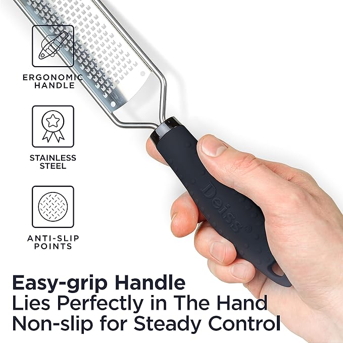 Deiss PRO Lemon Zester & Heavy Duty Cheese Grater & Vegetable Grater — Parmesan Cheese, Lemon, Garlic, Nutmeg, Chocolate, Fruits, Vegetables, Ginger Grater - Stainless Steel Cheese Shredder - Black