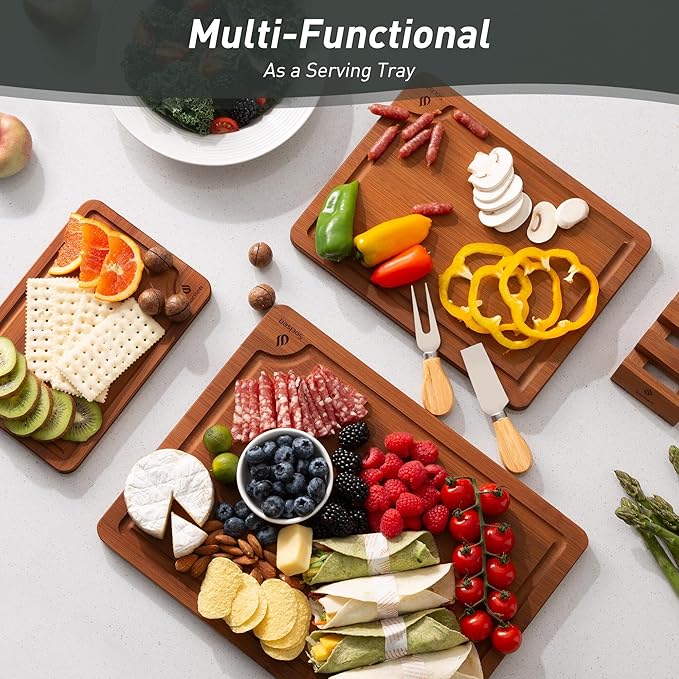3 Packs Bamboo Cutting Board Set with Non Slip Feet Holder and Over Sink Nice Solid Thick Wood Juice Groove Chopping Board Extra Large Big Small Best Hardwood Kitchen Organic Vegetable Meat BBQ Kit