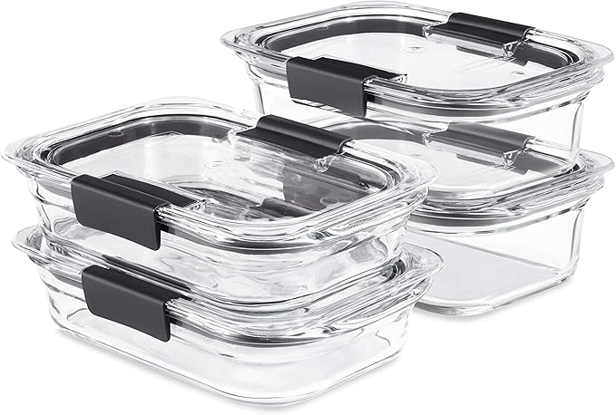 Rubbermaid Brilliance Glass Food Storage set of 4 containers 8 total pieces (4 containers + 4 lids) for Lunch Meal Prep and Leftovers Dishwasher and Oven Safe Clear/Grey