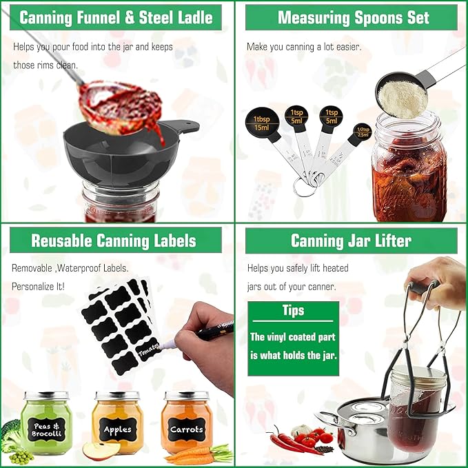 Canning Kit, Canning Supplies Starter Kit, Food Grade Stainless Steel Canning Set for Beginner,Canning Essential Tools for Water Bath & Pressure Canner, Canning Accessories Equipment for Pot, Black