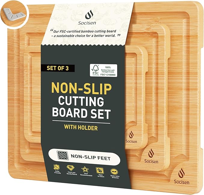 Bamboo Cutting Board Set Non Slip Feet with Holder Over Sink Kitchen Gadgets Charcuterie & Chopping Board Apartment Essentials New Home Must Haves Things Stuff Accessories House Housewarming Gifts