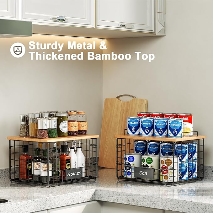 2 Pack Stackable Wire Baskets with Bamboo Top for Pantry Organizers and Storage, XXL Kitchen Organization Counter Basket for Fruit, Vegetable, Produce, Bread, Potato and Onion Storage Bins
