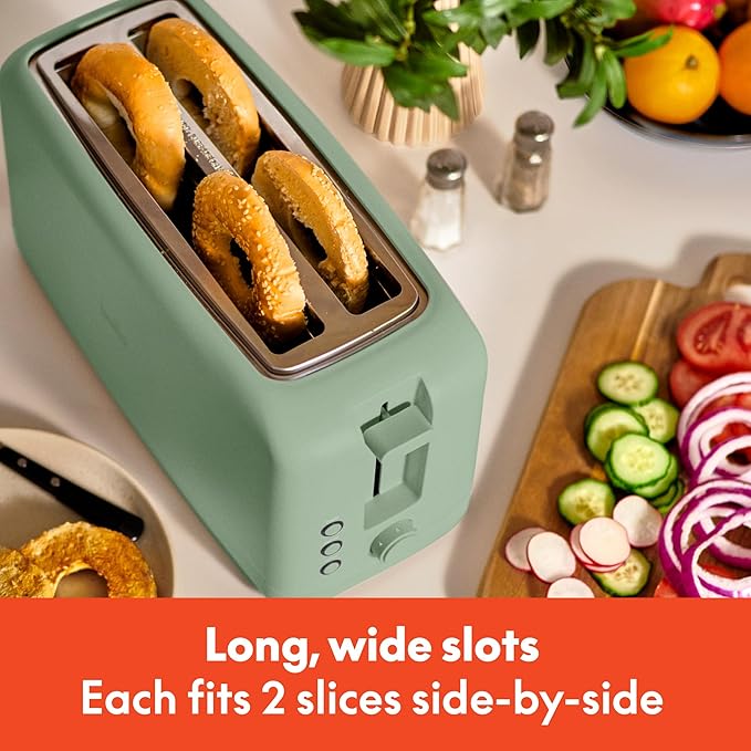 bella 4 Slice Slim Toaster, Fits-anywhere™ Kitchenware, 6 Setting Shade Control with Reheat & Cancel Buttons, Fits Sourdough, 10” Long Slot, Anti Jam & Auto Shutoff, 900 Watt, Seaglass