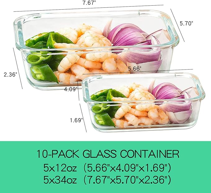 C CREST [10-Pack Glass Food Storage Containers (A Set of Five Colors), Meal Prep Containers with Lids for Kitchen, Home Use - Airtight Glass Lunch Boxes