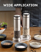 FORLIM Electric Salt and Pepper Grinder Set, Upgraded Washable, Batteries Powered Automatic One-Handed Operation with LED, Adjustable Coarseness Pepper and Salt Grinder Refillable, Stainless Steel
