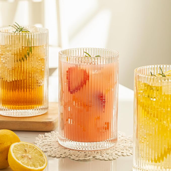 Vintage Ribbed Glassware Set: 6pcs 16.9oz XL Drinking Glasses, Fluted Ripple Drinkware, Origami Style, Elegant Glassware for Whiskey, Cocktail, Iced Coffee, Juice, Beer, Soda