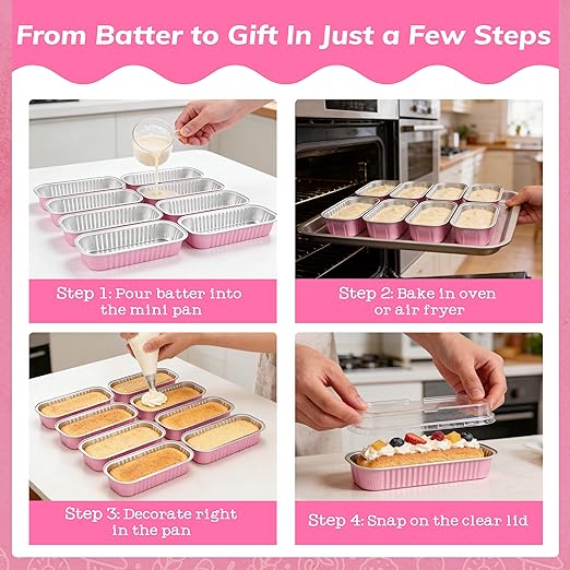 NPLUX 100 Pack Mini Cake Pans with Lids and Spoons Rectangular Aluminum Foil Baking Pans Mini Cheesecake Containers(6.8oz)