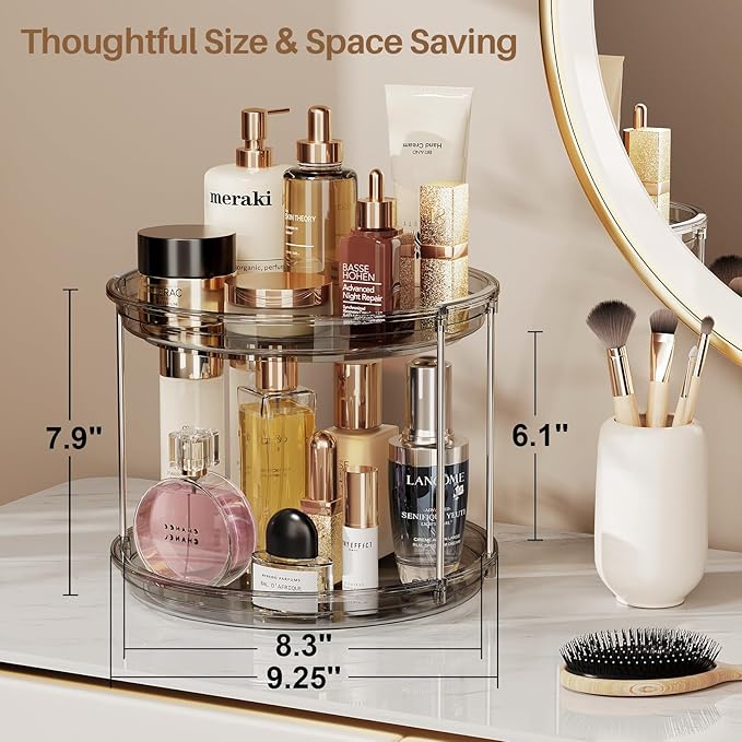 LAMU 2 Pack 2 Tier Lazy Susan Turntable Organizer 9.25'' Rotating Spice Rack Organization for Cabinet, Kitchen, Pantry, Countertop, Bathroom, Vanity, Medicine Cabinet Organizer, Grey