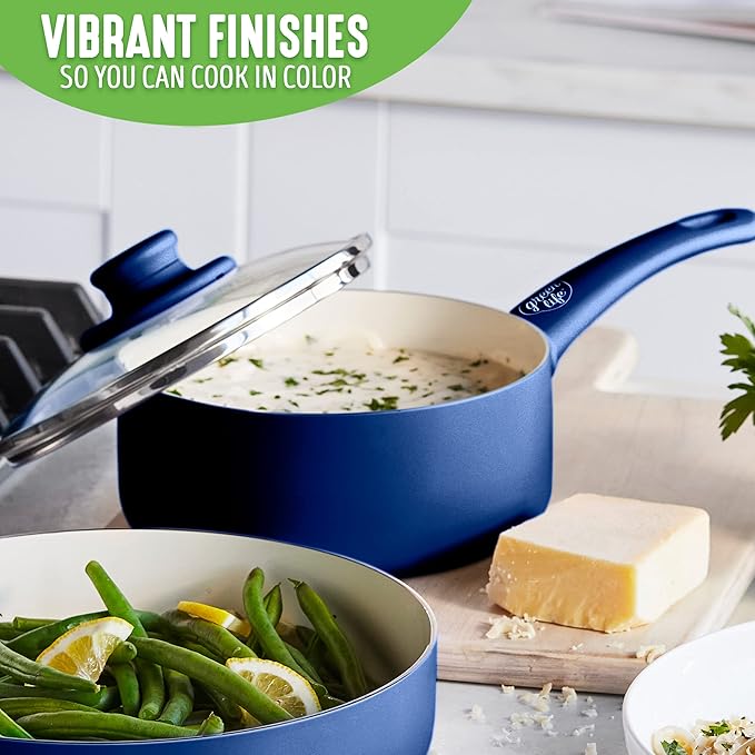 GreenLife Soft Grip 1QT and 2QT Saucepan Set, Healthy Ceramic Nonstick, Non Toxic PFAS & PFOA-Free, Dishwasher Safe, Glass Lids, Stay-Cool Handles, Easy Clean Cookware, Kitchen Essentials, Blue