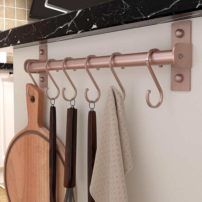 Dseap Kitchen Utensil Holder Hanger, Pot and Pan Rack Wall Mounted, Kitchen Rail with 8 Hooks for Hanging Cooking Utensils, Mugs, Spoons, Wall Mounted, Rose Gold