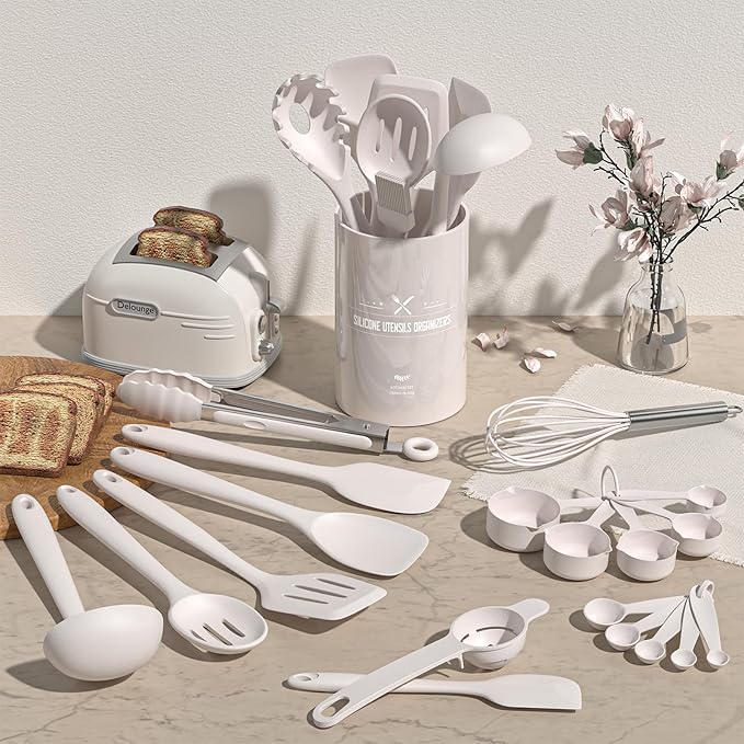 Kitchen Utensils Set, Umite Chef 22Pcs Silicone Cooking Utensils Set, Heat Resistant Silicone Kitchen Spatulas Set with Holder, White Cooking Gadgets Tools Set for Nonstick Cookware, Dishwasher Safe