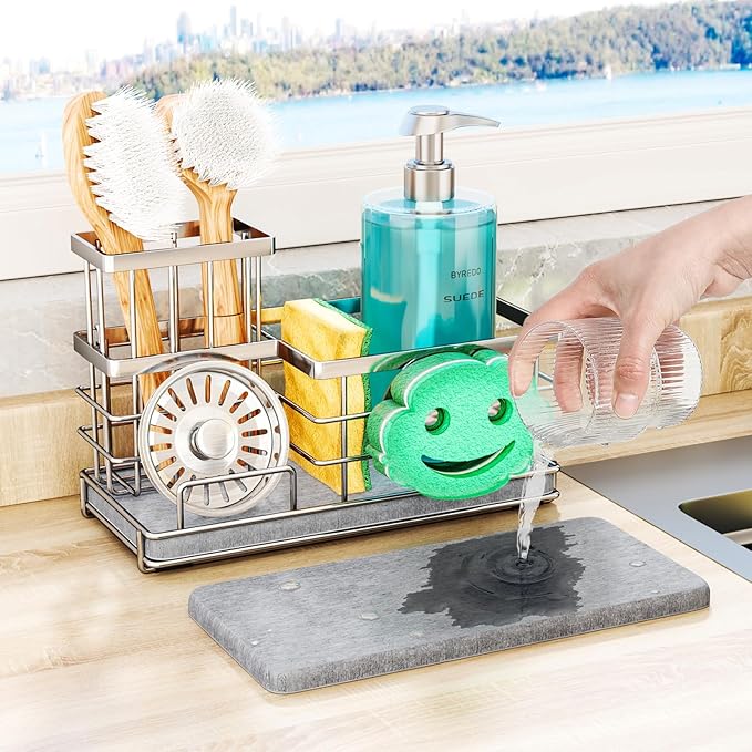 SWTYMIKI Kitchen Sink Caddy Organizer, Smiley Face Sponge Holder for Kitchen Sink, Instant Drying Sponge Holder with High Dish Brush Holder Organizer for Countertop, Silver