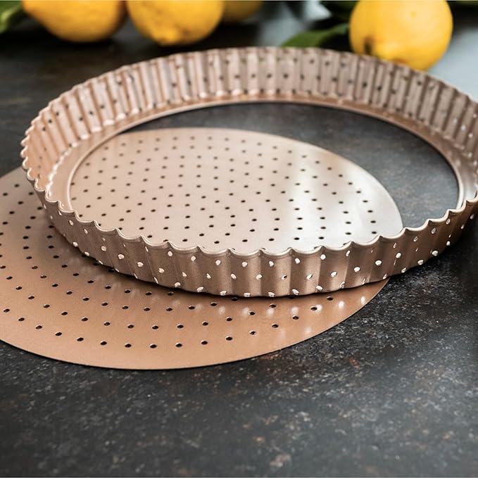 HAPPIELS Nonstick 9 Inch Tart Pan with Removable Bottom | PFOA & BPA Free Non Toxic Fluted Pie & Quiche Tin | Best Perforated Non Stick Nontoxic 9in Molds with Holes for Baking