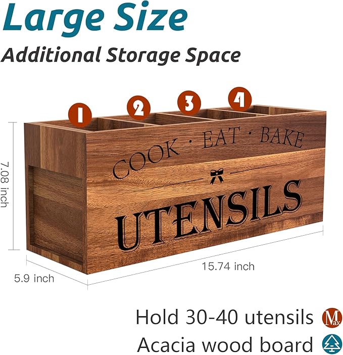 Suli Acacia Wood Utensil Holder for Kitchen Counter,Extra Large Utensils Holder with 4 Compartments,Caddy Organizer for Countertop, Farmhouse Kitchen Decor, Rustic Cooking Utensil