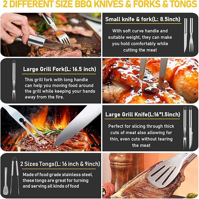 34Pcs Grill Accessories Grilling Gifts for Men, 16 Inches Heavy Duty BBQ Accessories, Stainless Steel BBQ Tools with Thermometer, Grill Mats for Backyard, BBQ Set for Men Women