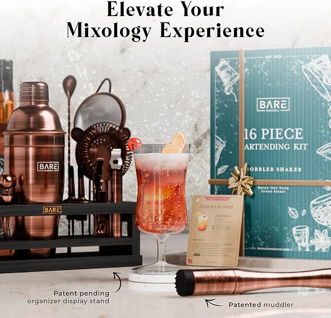 BARE BARREL® Mixology Bartender Kit Bar Set | 16-Piece Cocktail Shaker Set | Martini Barware Mixing Tools for Home Bartending | Incl. 35 Recipe Cards | Gift Set (24oz Cobbler Shaker, Copper/Black)