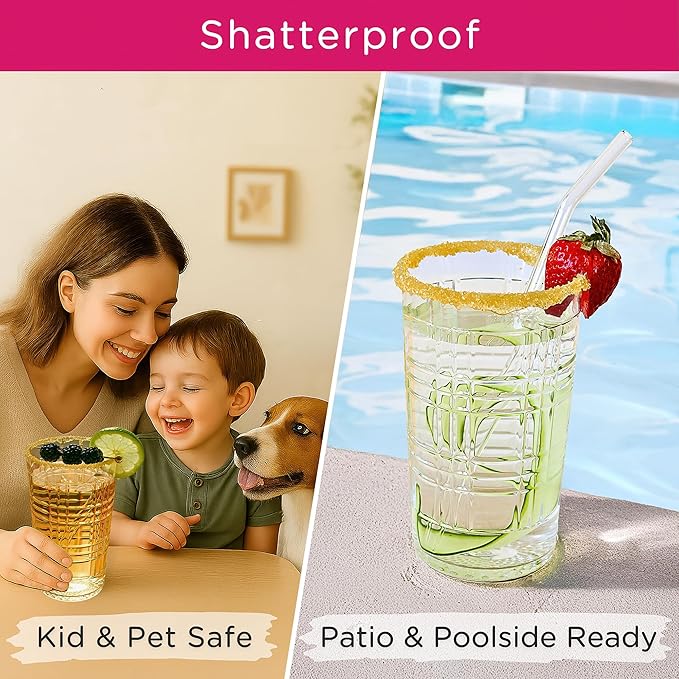 Kate Aspen Clear Plaid Acrylic Glasses Drinkware, Plastic Drinking Glasses Set of 8, 22 oz, Tumblers & Water Glasses Dishwasher Safe, BPA-Free Plastic Cups Reusable for Kithchen, Outdoor, Patio