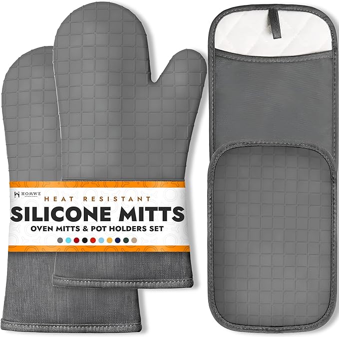 BPA-Free Soft Silicone 4 Piece Oven Mitts & Pot Holders Set - Ultra Heat Resistant Oven Mitts with Thick Cotton Liner - Long Slip Resistant Pot Holders, Flexible Oven Gloves - Gray