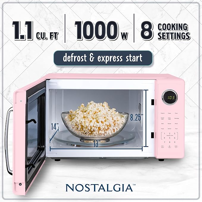Nostalgia Retro 1000W Microwave Oven 1.1 Cu Ft Capacity – Child Safety Lock, 8 Auto-Cook Settings – Countertop Kitchen Appliance – Pink