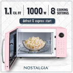 Nostalgia Retro 1000W Microwave Oven 1.1 Cu Ft Capacity – Child Safety Lock, 8 Auto-Cook Settings – Countertop Kitchen Appliance – Pink