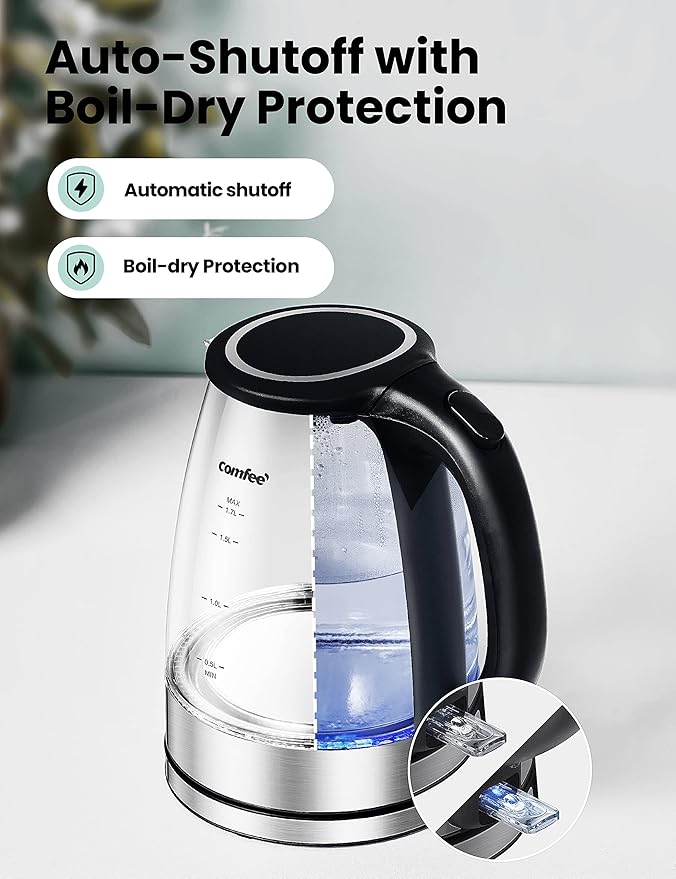 COMFEE' Glass Electric Tea Kettle & Hot Water Kettle Electric, 1.7L Electric Kettle with LED Indicator, 1500W Fast Boil, Auto Shut-Off and Boil-Dry Protection
