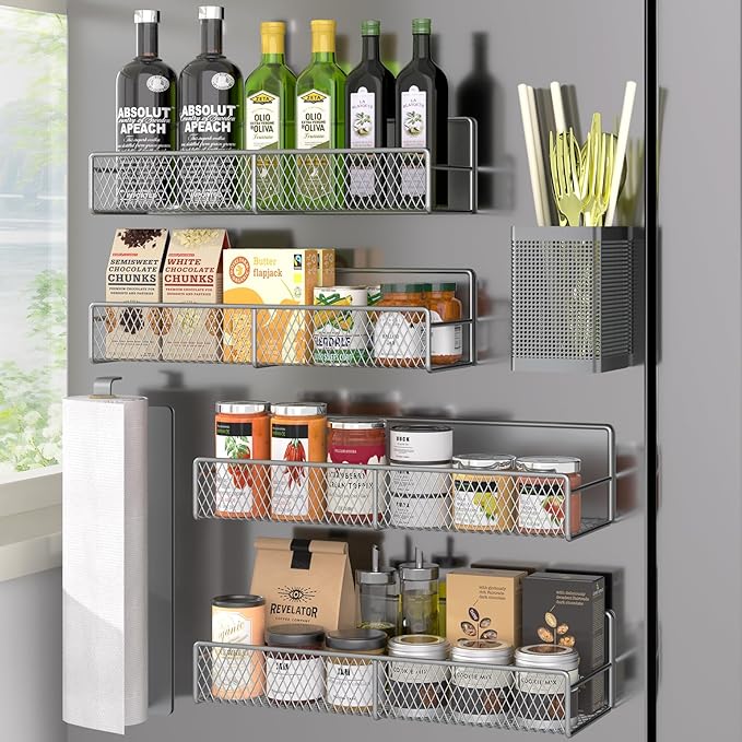 Magnetic Spice Rack for Refrigerator, 6 Pack Metal Magnetic Shelf Grey, Moveable Spice Organizer, Strong Magnetic Storage Fridge Organizer with Paper Towel Holder, Utensils Holder