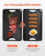 VEVOR Reversible Grill/Griddle, 14x8.5 inch Pre-Seasoned Cast Iron Griddle, Portable Rectangular Pan with Handle, Family Cookware for Indoor/Outdoor Stove Top Burner, Gas, Camping BBQ, Black