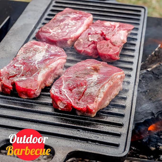 Overmont Pre-seasoned 17x9.8" Cast Iron Reversible Griddle Grill Pan with handles for Gas Stovetop Open Fire Oven, One tray, Scrapers Included