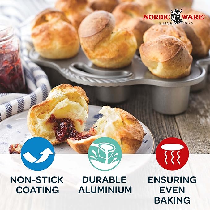 Nordic Ware Cast Aluminum Petite Popover Pan 1/4 Cup Each, 12 Cavity, Silver/Gray (Pack of 3)