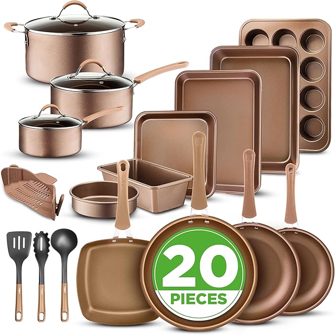 Nutrichef 20 Piece Professional Home Kitchen Cookware and Bakeware, Pots and Pans Set Non Stick Kitchenware, Cool-Touch Handles, Non Toxic, Safe for Gas, Electric, Induction Cooktops, Easy Clean