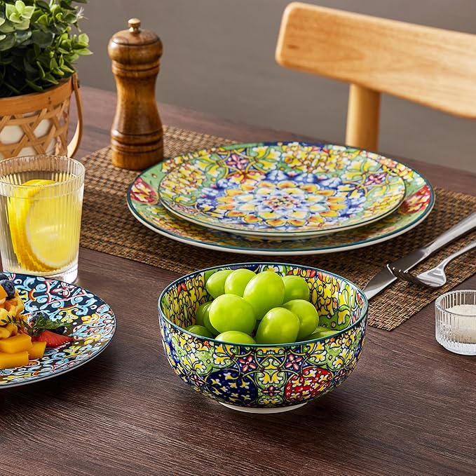 vancasso 18 Pieces Dinnerware Sets, Plates and Bowls Set, Porcelain Dishes Set for 6, Microwave and Dishwasher Safe, Scratch Resistant, Bohemian Style Dining Ware Service for 6, Series SIMI