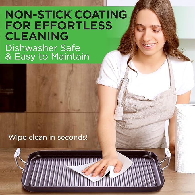 NutriChef 20"x13" Stove Top Grill Pan - Double Burner, Hard-Anodized Non stick Grill & Griddle Pan